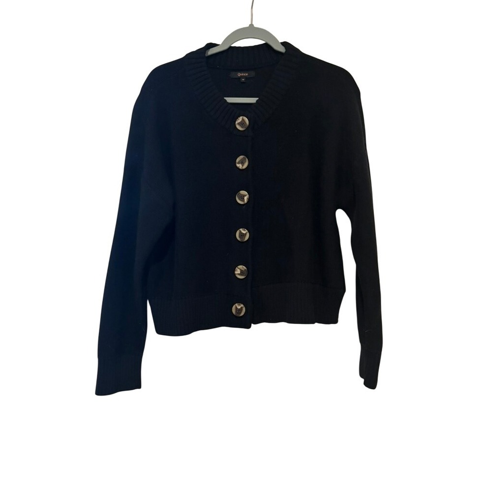 Quince sz M black cotton down button down cardigan sweater quiet luxury P